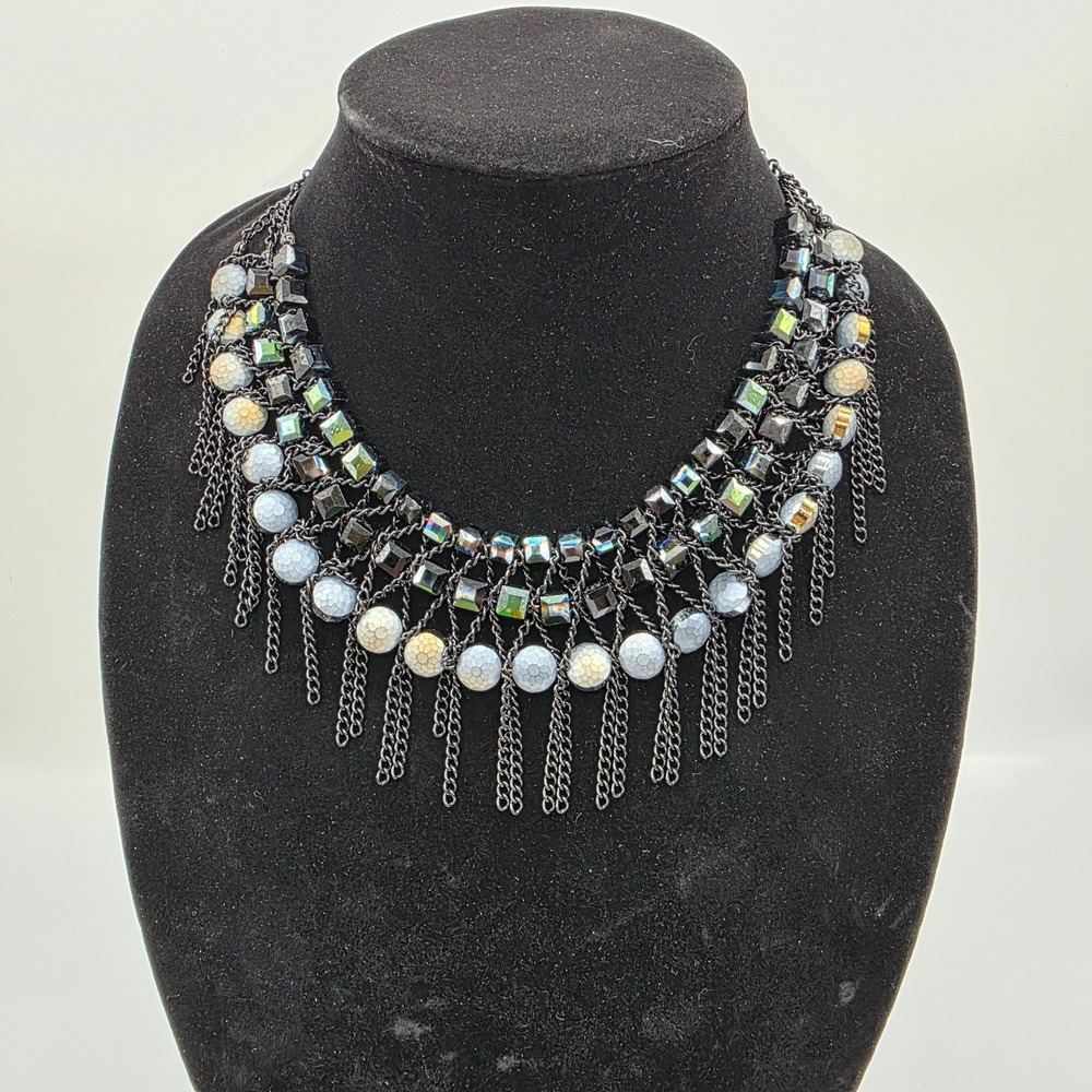 Vintage Womens Bohemian Statement Bib Necklace Black Beaded On‎ Tassels 24"